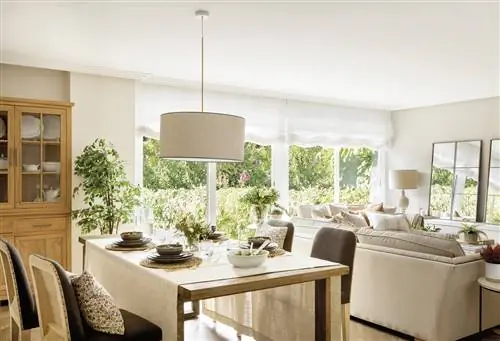 Обеденная зона расположена за спинкой дивана.