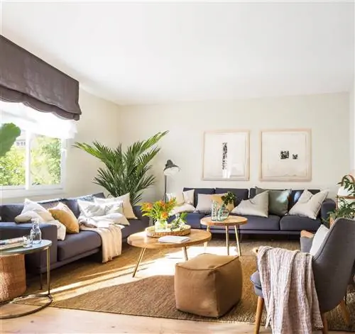 Гостиная с темно-синими диванами и мягкими серыми стенами.