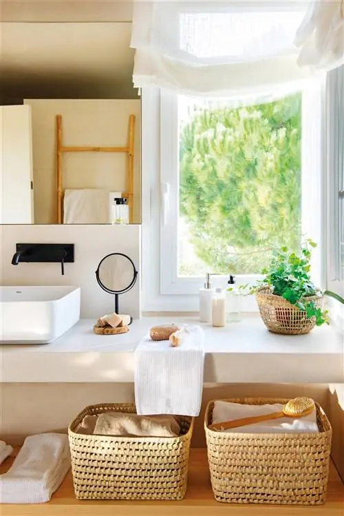 Ванная комната со встроенной столешницей, раковиной и растением.