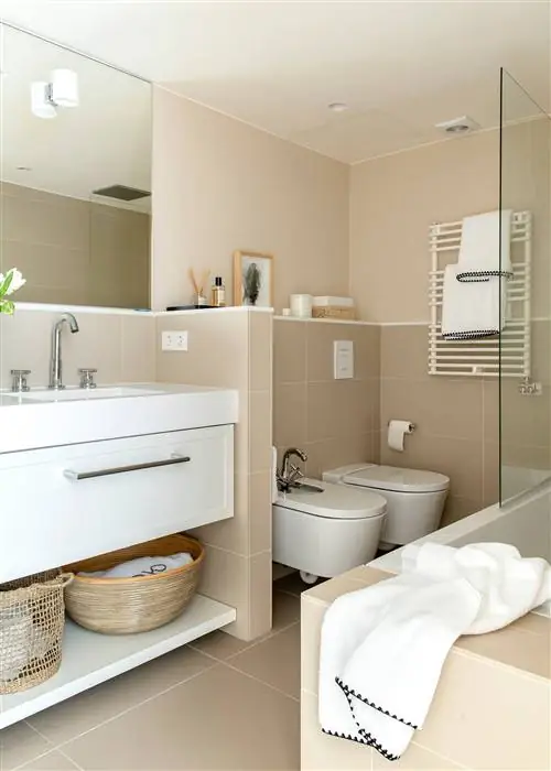 Ванная комната со стеной между туалетами и раковиной.