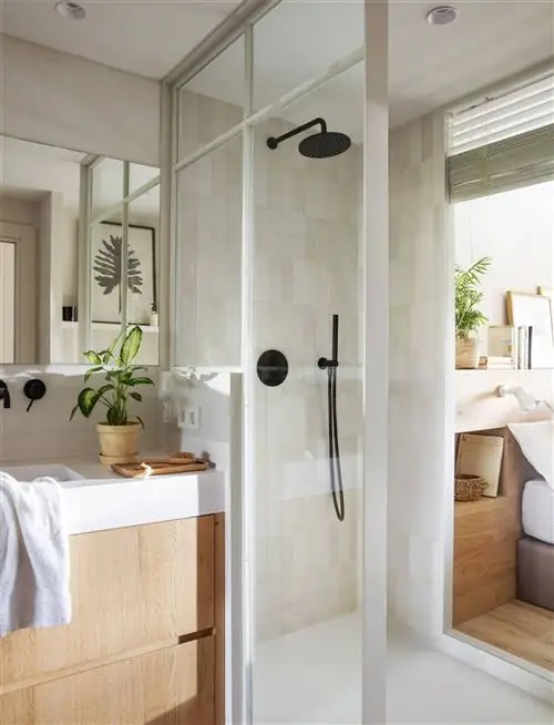 Ванная комната со стеной и неподвижной перегородкой, отделяющей душ от раковины.