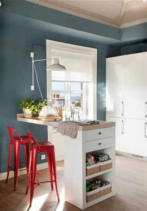 Кухонный полуостров с красными табуретками.