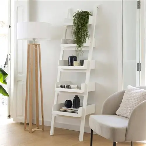 Книжный шкаф лестничного типа из матового белого дерева от Banak.