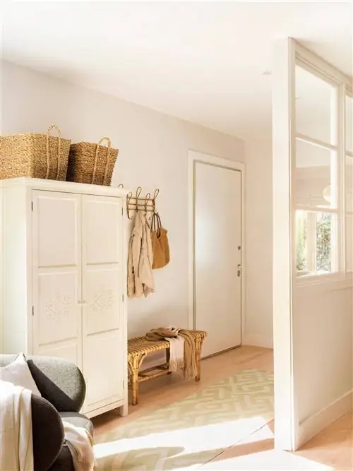 Холл с белым шкафом и стеклянной перегородкой, разделяющей пространство.