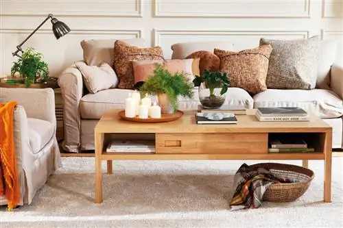 Гостиная с деревянным журнальным столиком с отверстиями и ящиками.