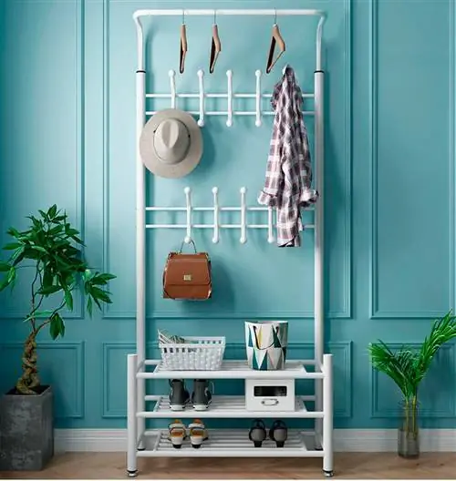 Вешалка для верхней одежды с крючками, штангами и полками