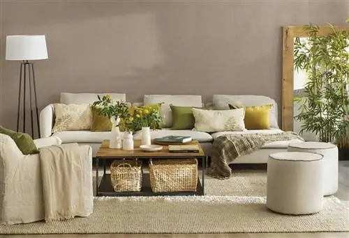 Гостиная с белым диваном и журнальным столиком из железа и дерева