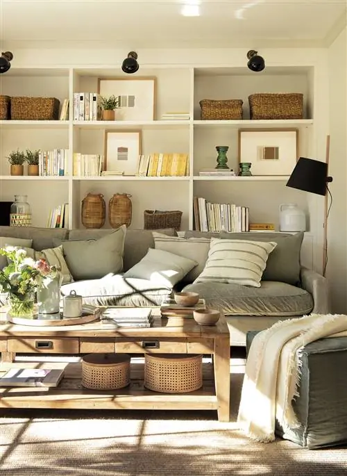 Гостиная в нейтральных тонах с нестандартным книжным шкафом