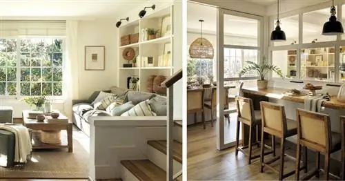 Очень уютный дом, который нам нравится: в нем есть небольшая гостиная, милая кухня с барной стойкой и застекленная терраса