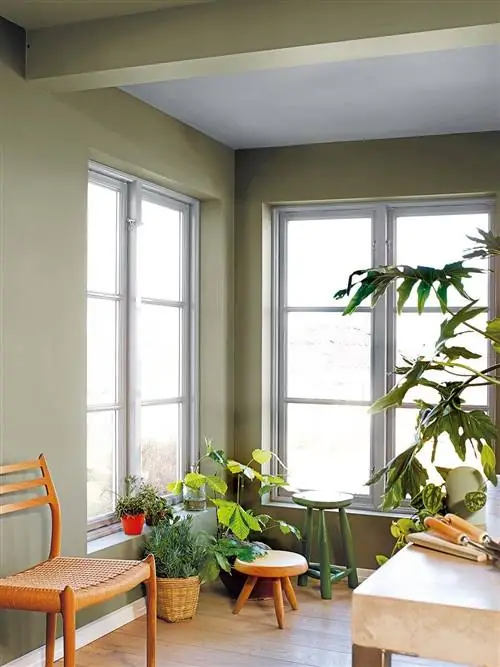 гостиная с растениями, окрашенными в зеленый цвет