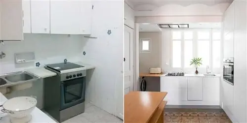 Современная, белая и очень светлая мини-кухня, до и после