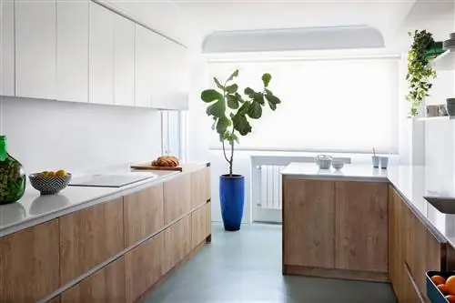 кухня с деревянной мебелью и барной стойкой