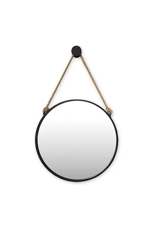 Круглое зеркало с черной рамой и пеньковой веревкой