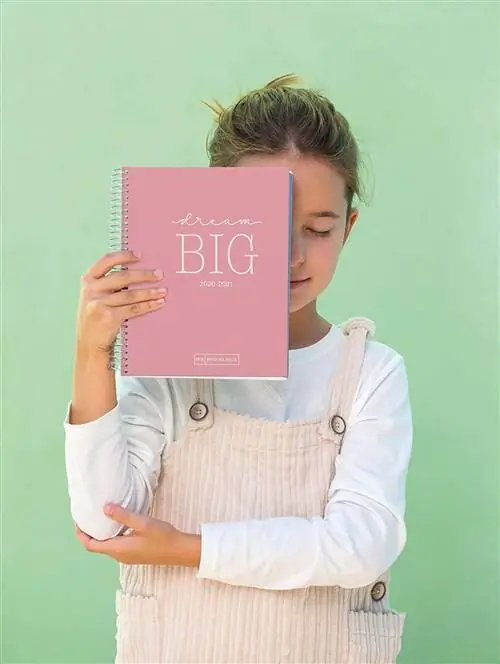 розовый школьный планировщик с сообщением на обложке