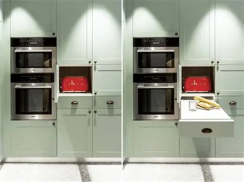 пыльно-зеленые кухонные шкафы со встроенной техникой