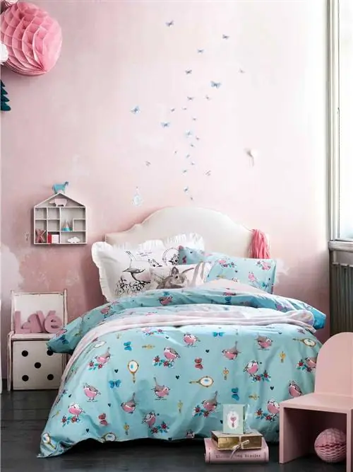 Синий, Комната, Дизайн интерьера, Зеленый, Кровать, Стена, Постельные принадлежности, Текстиль, Спальня, Бирюзовый,