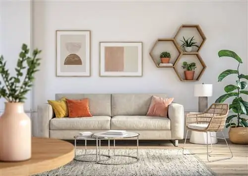 богемный интерьер гостиной 3d визуализация с мебелью бежевого цвета и деревянными элементами