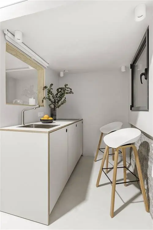 современная мини студия маленькая кухня с табуретками