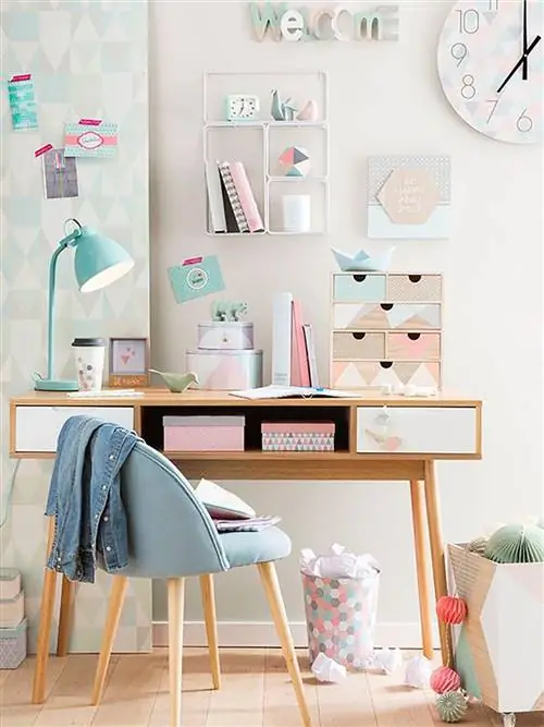 Мебель, Розовый, Комната, Полка, Рабочий стол, Бирюзовый, Продукт, Дизайн интерьера, Стол, Стена,