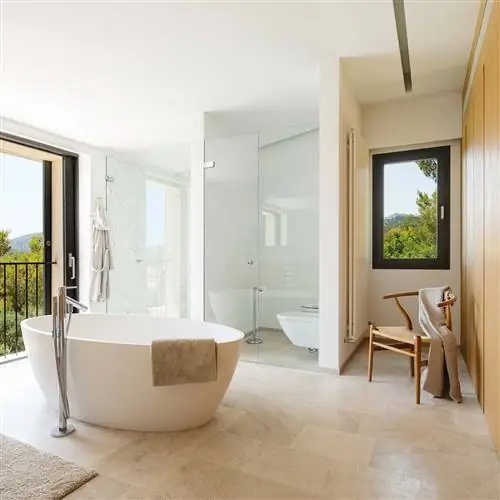 современная ванная комната с видом на отдельно стоящую ванну и душ