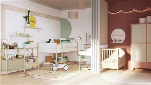 детская спальня с кроватью-чердаком и развивающей кроваткой