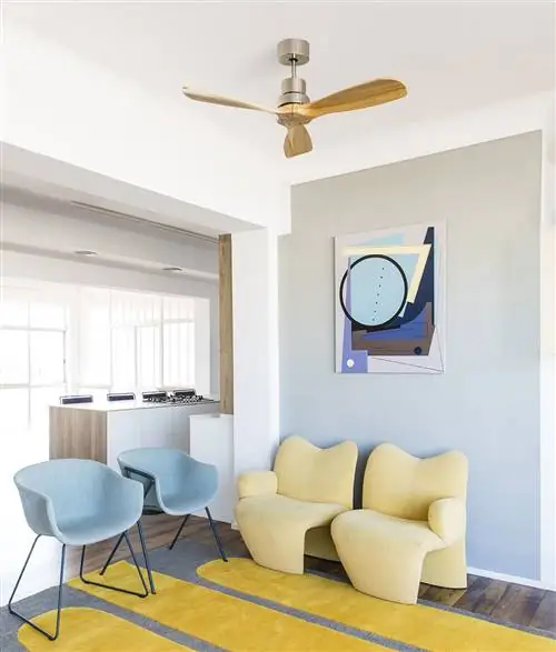 рабочая зона и гостиная с потолочным вентилятором