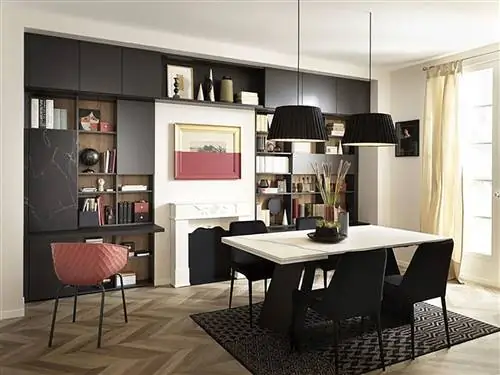 современная столовая, черно-белая, с раздвижным столом