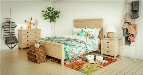 сгенерированная в цифровом виде уютная и милая сцена интерьера спальни. Сцена была визуализирована с помощью фотореалистичных шейдеров и освещения в Autodesk® 3ds max 2020 с v-ray 5 с добавлением некоторого постобработки