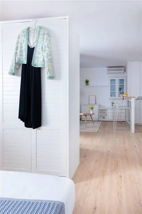 спальня совмещена с гостиной с белым шкафом