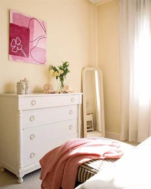 Комната, Дизайн интерьера, Ящик, Текстиль, Комод, Пол, Стена, Мебель, Кровать, Розовый,