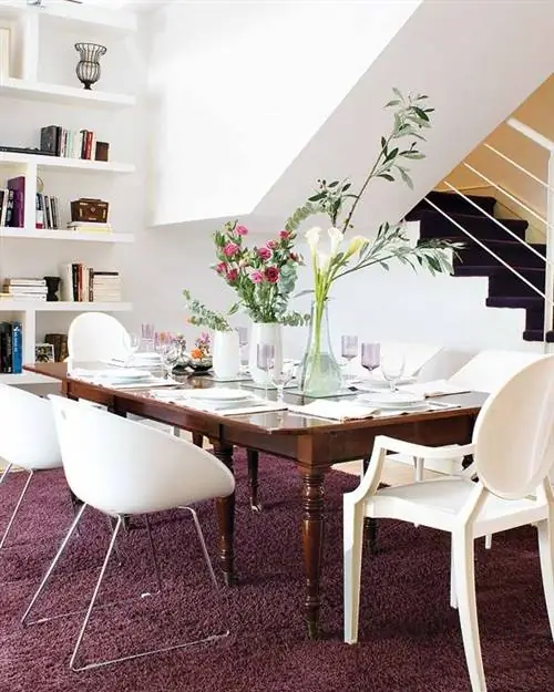 Комната, Дизайн интерьера, Мебель, Стол, Полка, Белый, Этаж, Дом, Лестница, Дизайн интерьера,