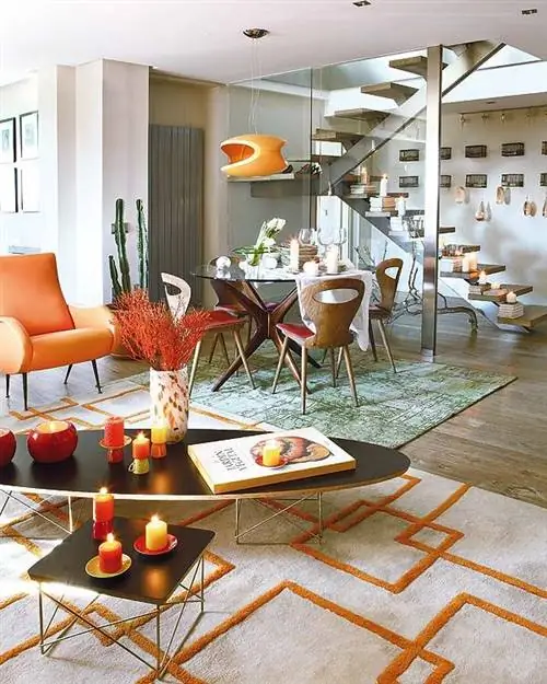 Освещение, Дизайн интерьера, Комната, Этаж, Мебель, Стол, Оранжевый, Потолок, Пол, Светильник,