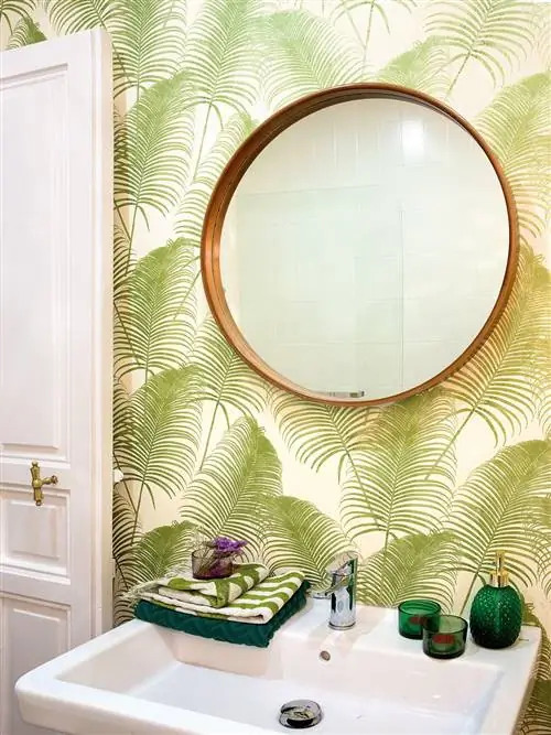 Зеленый, Ванная, Комната, Стена, Зеркало, Дизайн интерьера, Плитка, Фиолетовый, Обои, Окно,