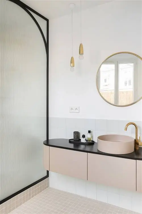 Плавающая тумба под умывальник scandi design телесного цвета с черной столешницей