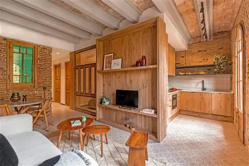 квартира в индустриальном стиле с отделкой из дерева и кирпича