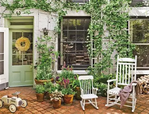 Веранда украшена вьющимися растениями и цветами