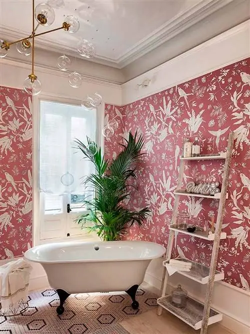 Комната, Ванная, Дизайн интерьера, Стена, Обои, Недвижимость, Плитка, Ванна, Розовый, Занавес,