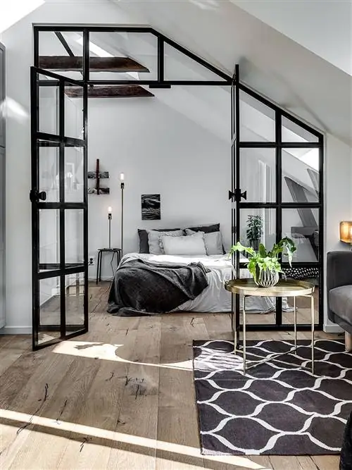 Мебель, Комната, Дизайн интерьера, Черно-белое, Здание, Кровать, Потолок, Стена, Пол, Гостиная,