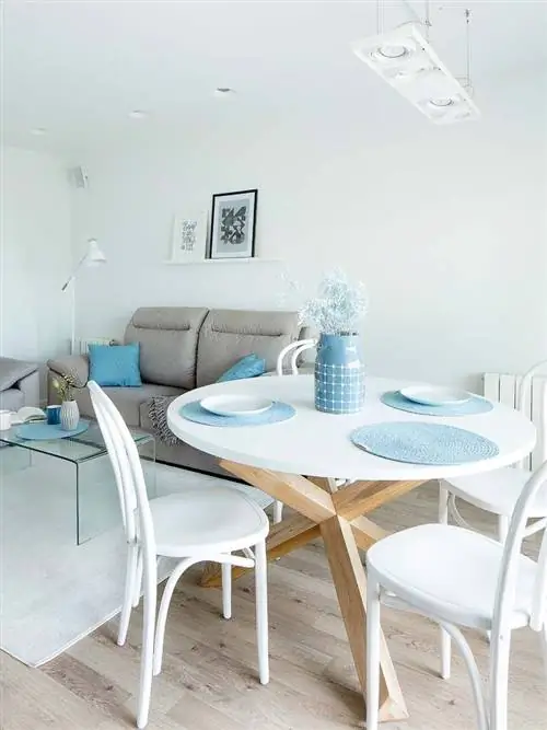 Синий, Комната, Дизайн интерьера, Стол, Мебель, Этаж, Белый, Бирюзовый, Бирюзовый, Стена,