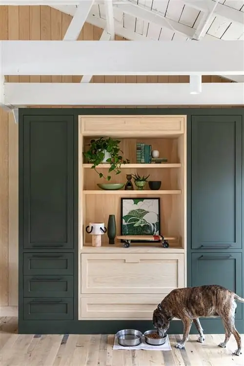 деревянный шкаф с дверьми, окрашенными в матовый зеленый цвет