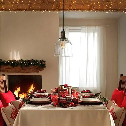 Украшение, Комната, Красный, Мебель, Дизайн интерьера, Скатерть, Стол, Освещение, Столовая, Занавес,