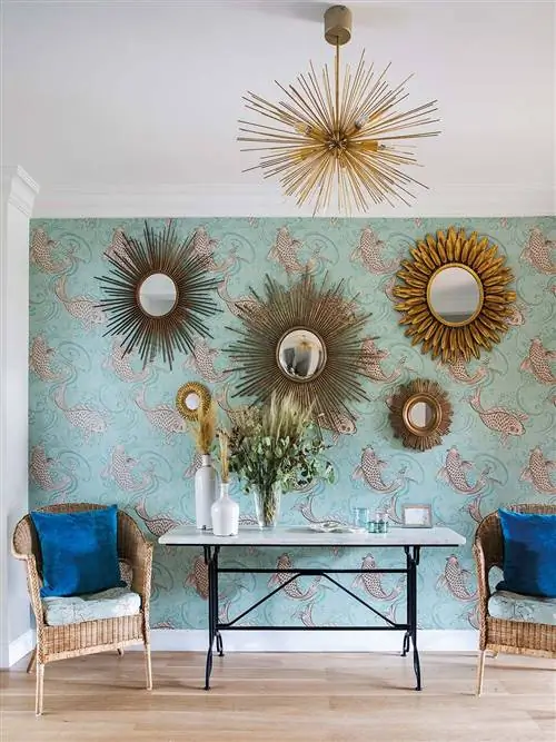 Бирюза, Мебель, Стена, Комната, Стол, Перо, Обои, Гостиная, Дизайн интерьера, Одуванчик,