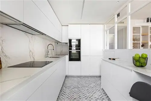 современная белая кухня с барной стойкой