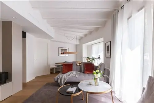 современная гостиная с серым диваном и кофейными столиками