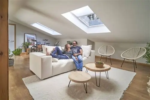 реформа гостиной на чердаке с окнами velux с мягким уголком и диваном