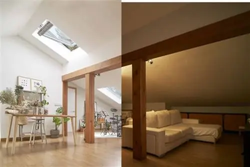 Реформа гостиной на чердаке с окнами Velux до и после