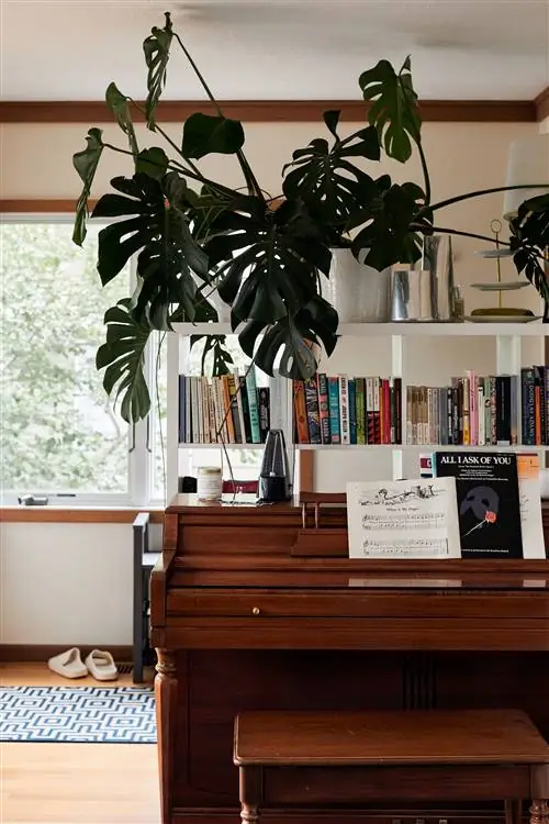 пианино и белый книжный шкаф в гостиной