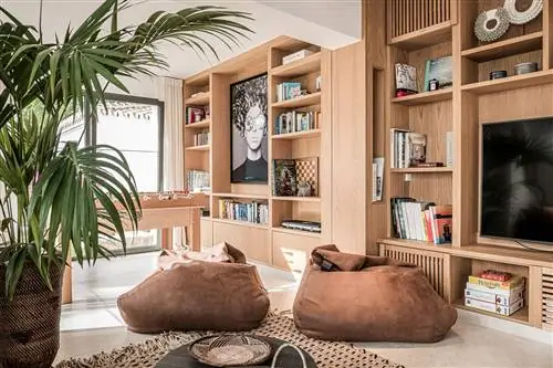 гостиная с деревянным книжным шкафом и коричневыми замшевыми пуфами