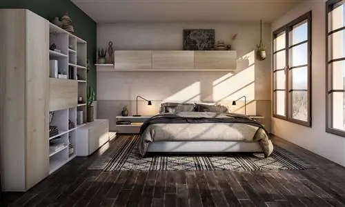 современная спальня с деревянной мебелью