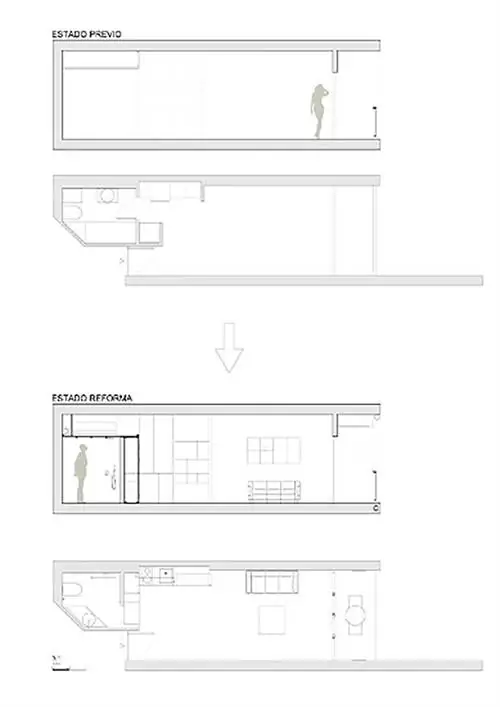 До и после план небольшой модульной квартиры на пляже с мебелью на заказ в Комарруга